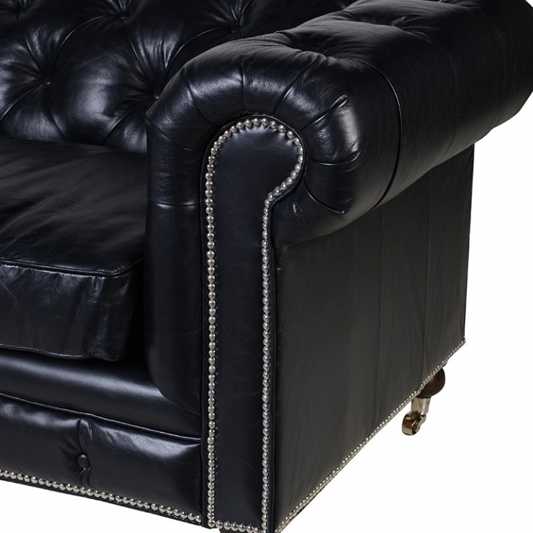 Трехместный диван из черной кожи Chesterfield, изображение 2