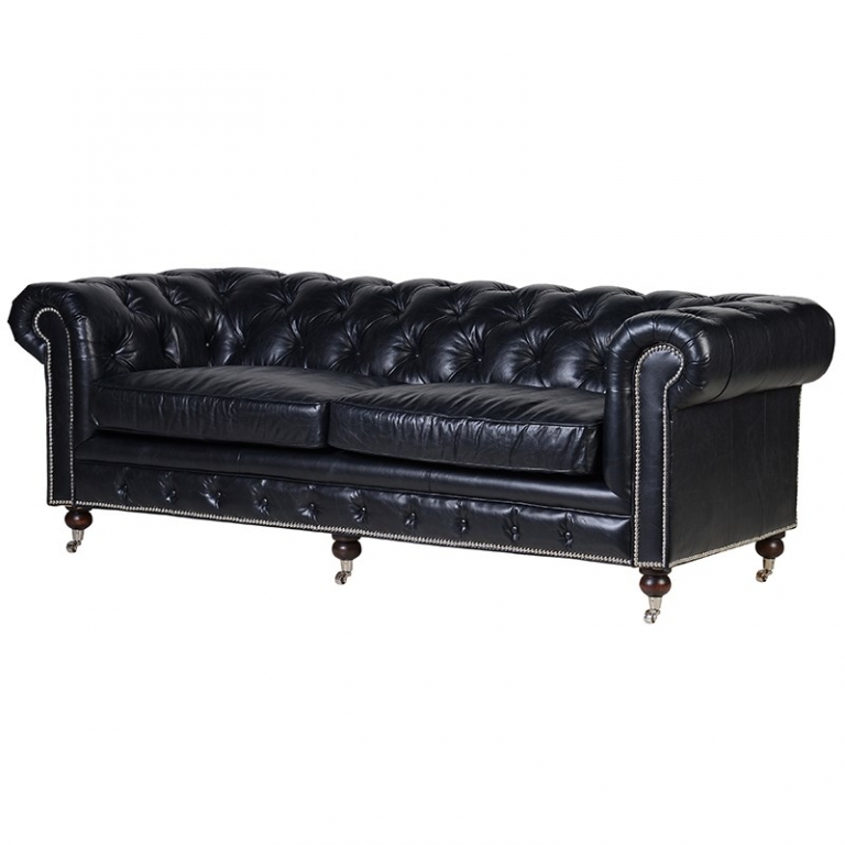 Трехместный диван из черной кожи Chesterfield, изображение 1