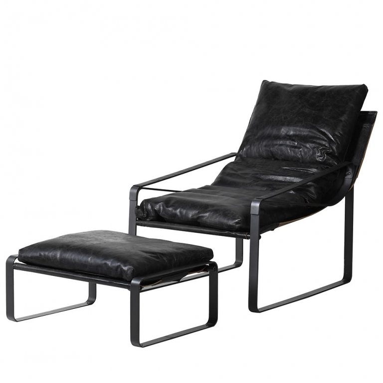 Черное кожаное кресло с пуфом, изображение 1