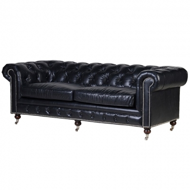 Купить Трехместный диван из черной кожи Chesterfield дёшево с доставкой